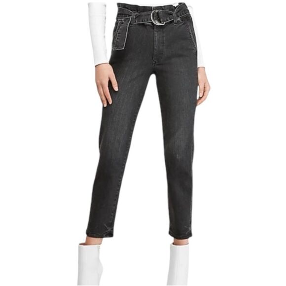 EXPRESS | Black Wash Belted Super High Rise Paperbag Waist Jeans Women’s Size 8P - Picture 1 of 13